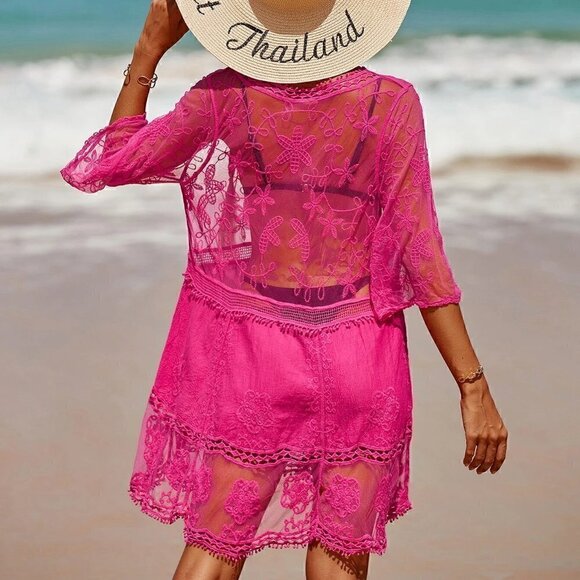 Pink Boho Womens Contrast Lace Plunging Cover Up - Picture 2 of 5